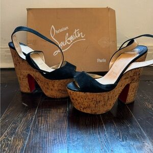 Christian Louboutin Black and Brown Platform Sandals with Chunky Block Heel